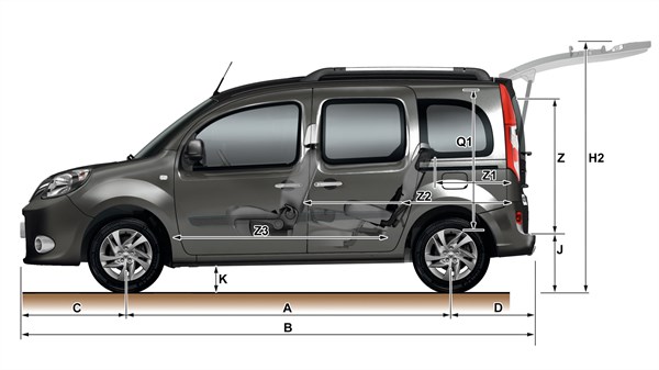 Renault KANGOO - Vue de profil du véhicule avec dimensions